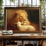 Majestic Lion and a Gentle Lamb Farm Animal Oil Painting - image 2