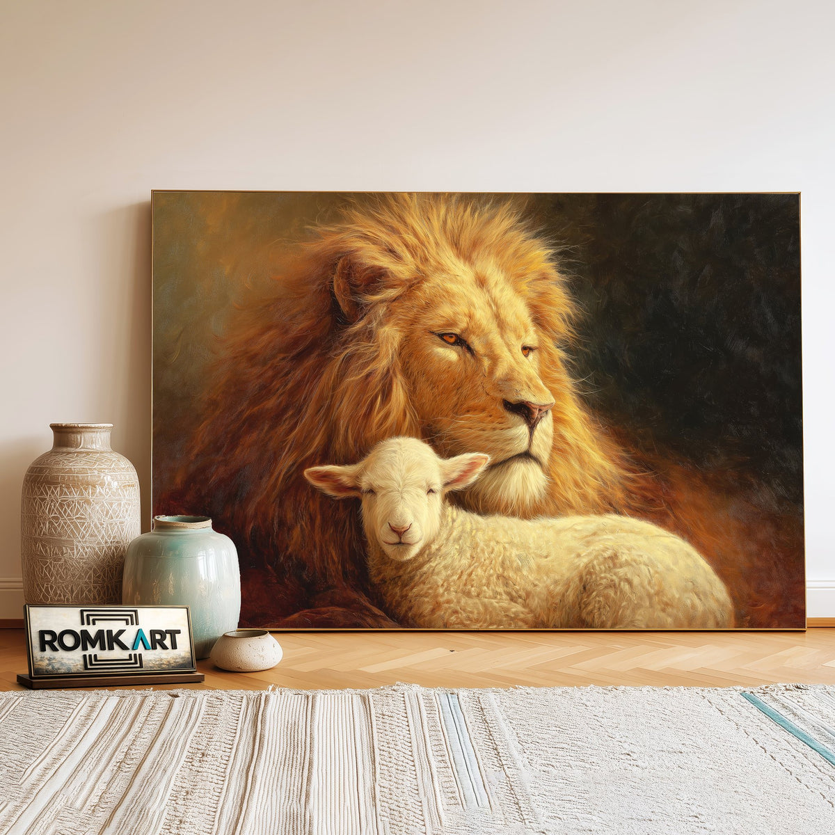 Majestic Lion and a Gentle Lamb Farm Animal Oil Painting - image 3