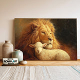 Majestic Lion and a Gentle Lamb Farm Animal Oil Painting - image 3