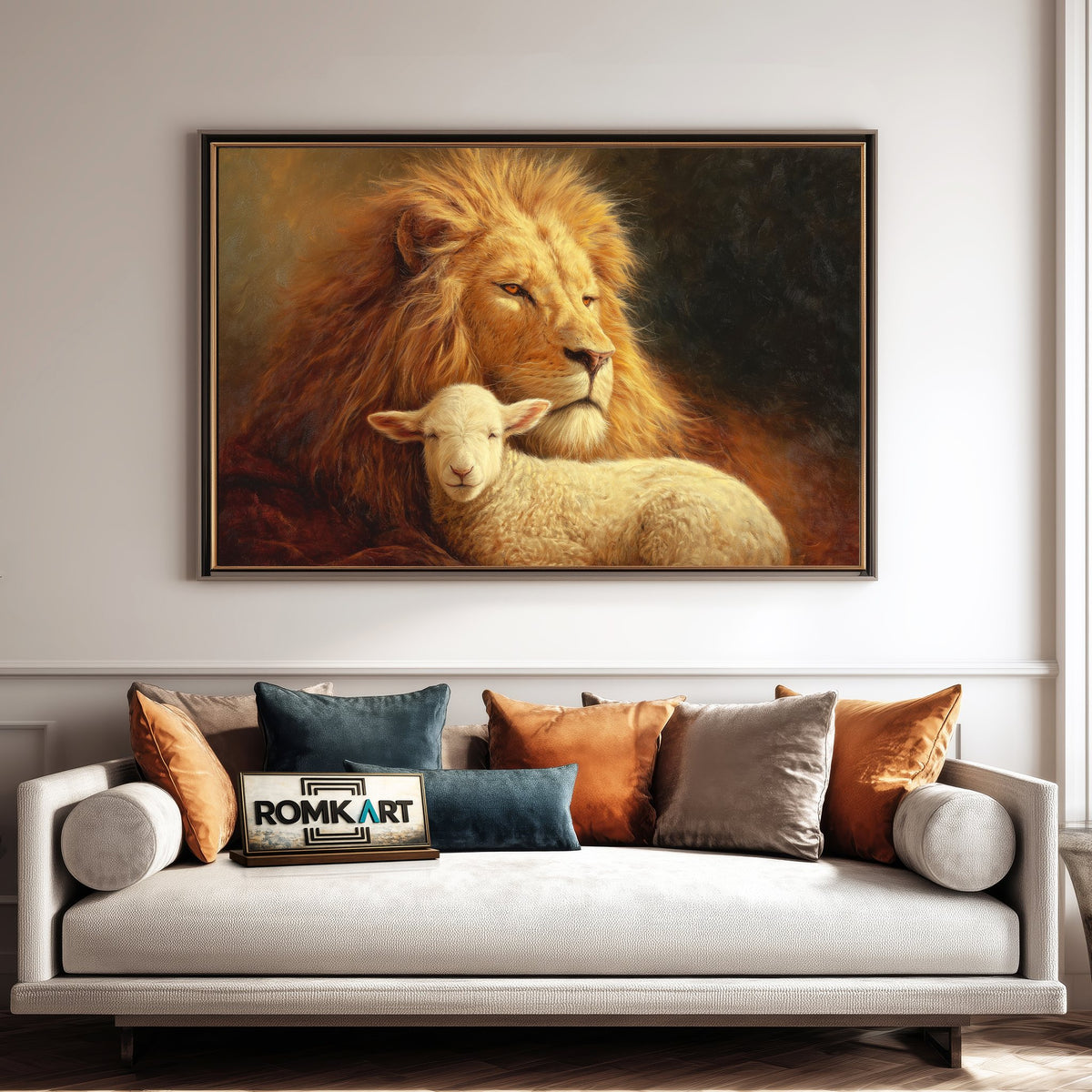 Majestic Lion and a Gentle Lamb Farm Animal Oil Painting - image 4