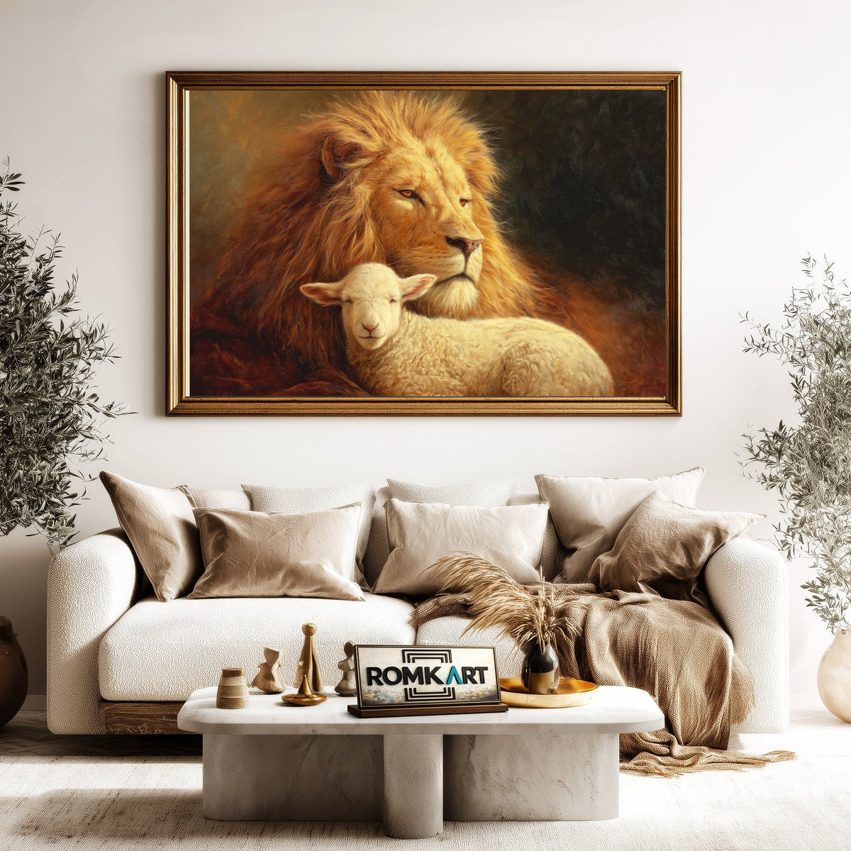 Majestic Lion and a Gentle Lamb Farm Animal Oil Painting - image 5