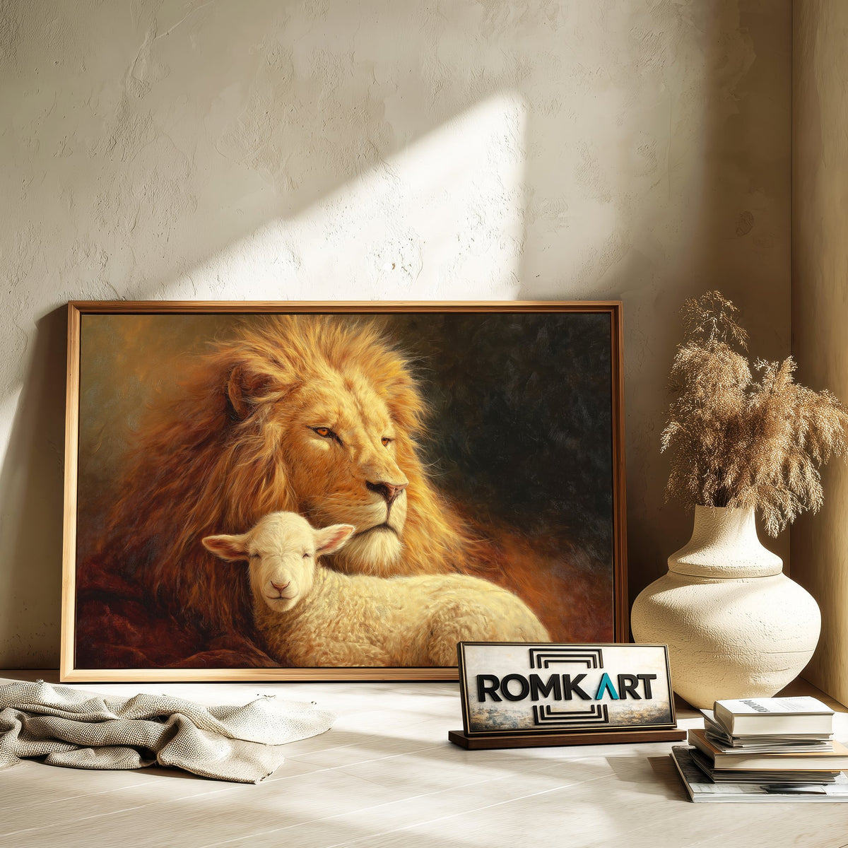 Majestic Lion and a Gentle Lamb Farm Animal Oil Painting - image 6