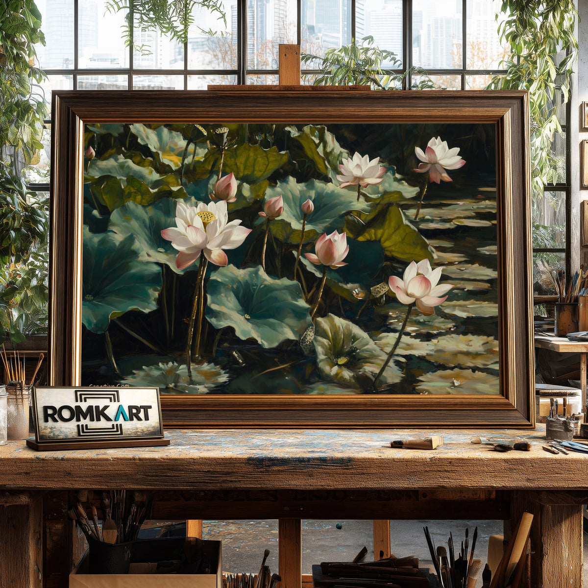 Majestic Lotus Lake Floral Oil Painting - image 2
