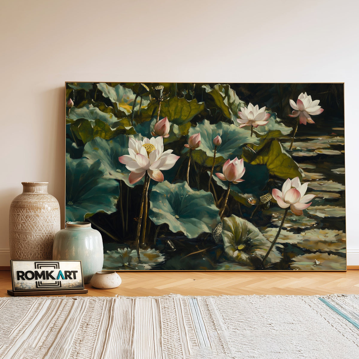Majestic Lotus Lake Floral Oil Painting - image 3