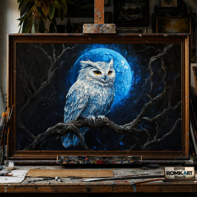 Majestic Owl Blue Moon Light hand-painted oil painting on canvas