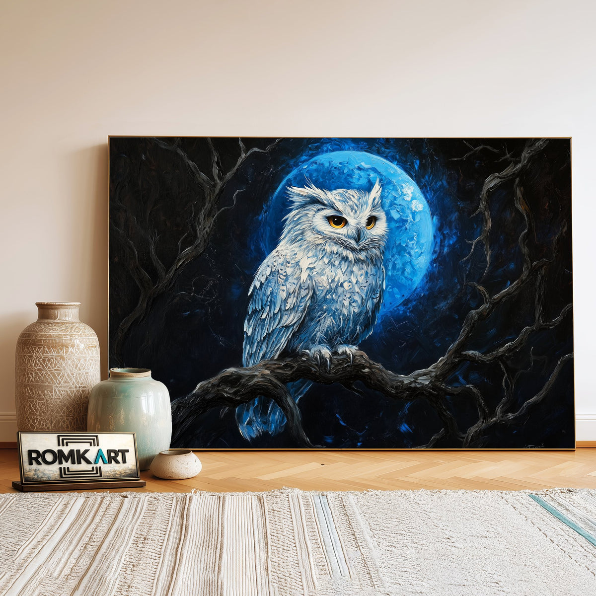Majestic Owl Blue Moon Light Bird Oil Painting - image 3