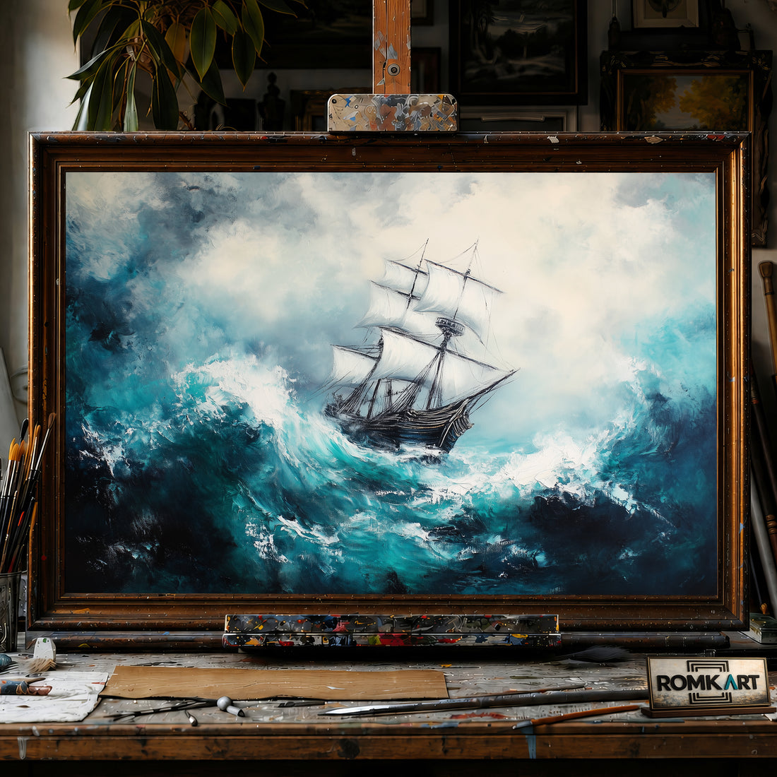 Majestic Tall Ship in Big Storm Ocean Maritime Oil Painting