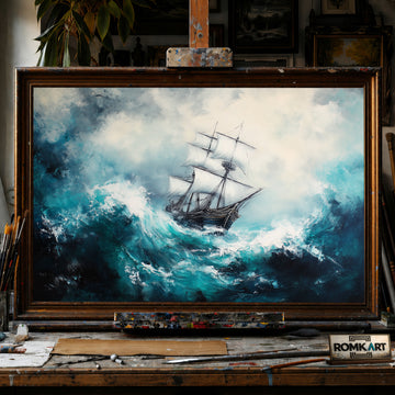 Majestic Tall Ship in Big Storm Ocean Maritime Oil Painting