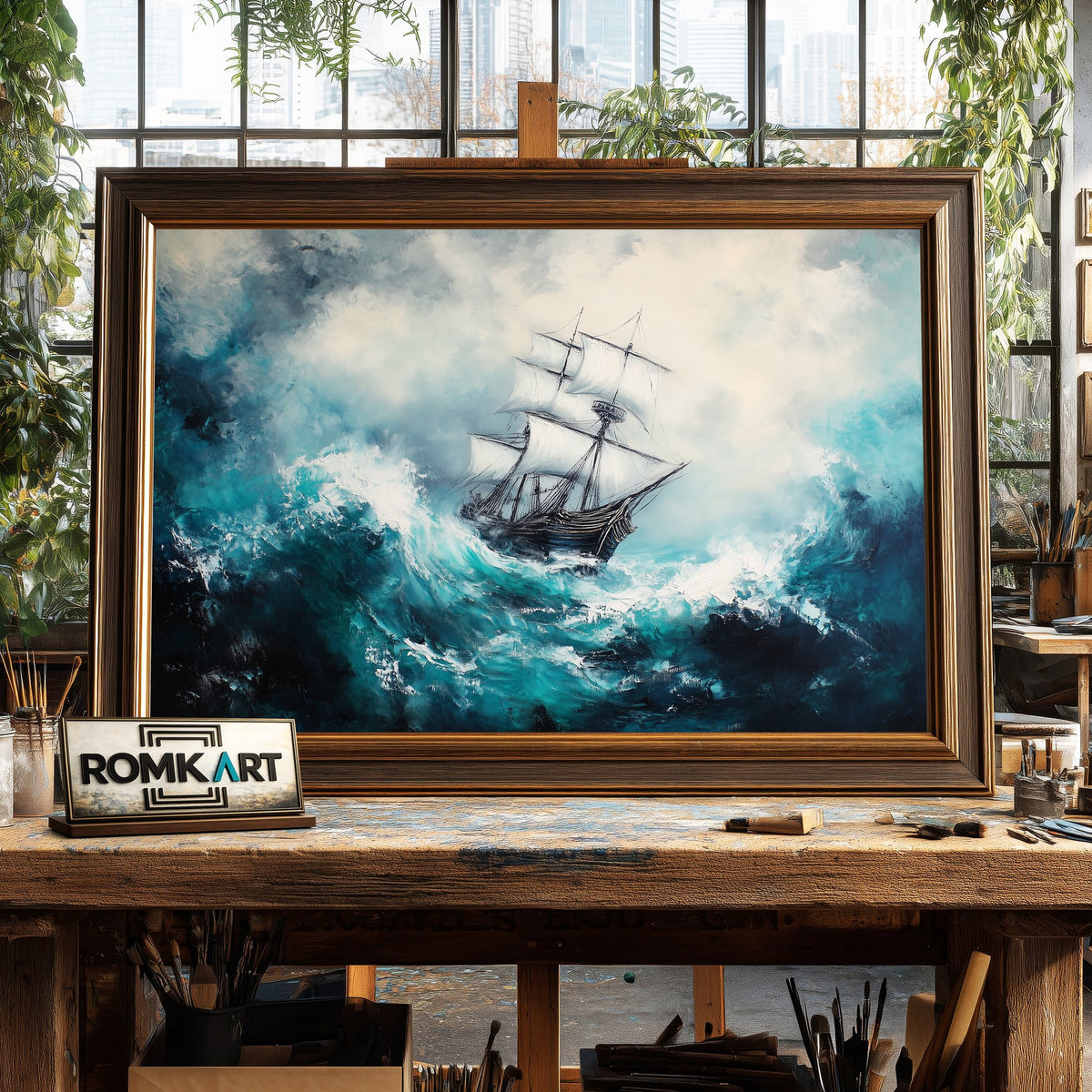 Majestic Tall Ship in Big Storm Ocean Maritime Oil Painting - image 2