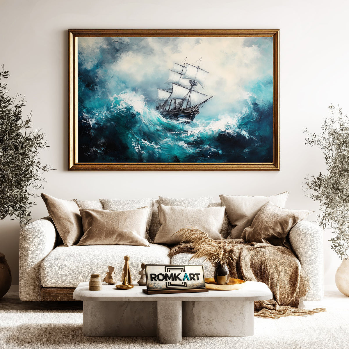 Majestic Tall Ship in Big Storm Ocean Maritime Oil Painting - image 5