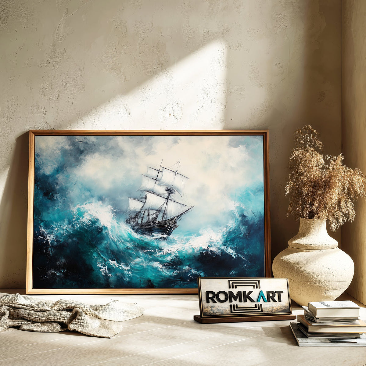 Majestic Tall Ship in Big Storm Ocean Maritime Oil Painting - image 6