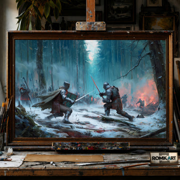Medieval Battle in a Dark Forest hand-painted oil painting on canvas