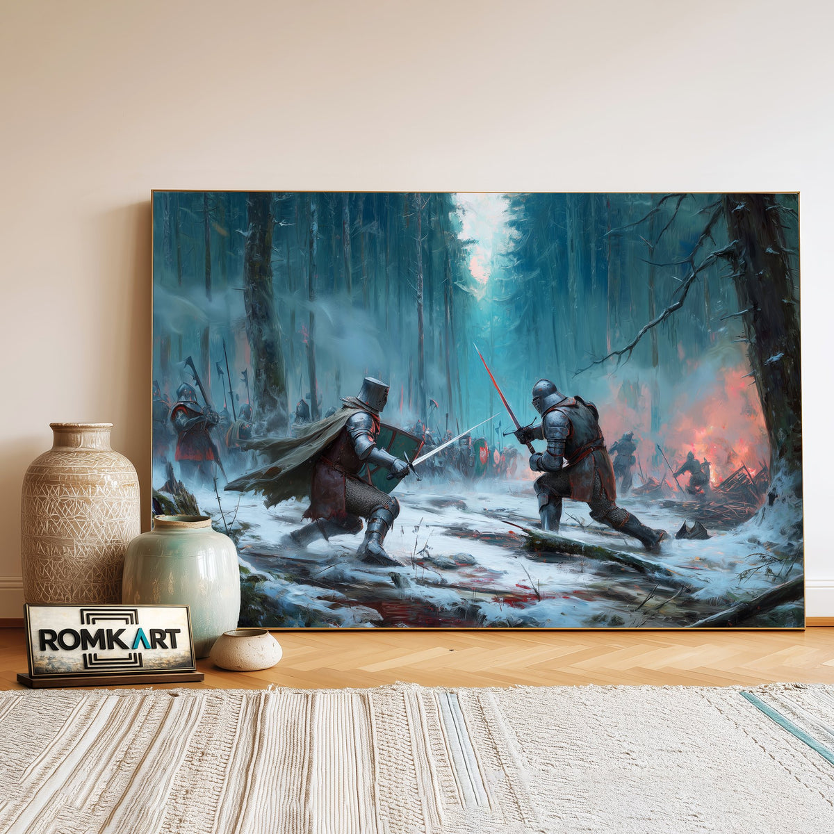 Medieval Battle in a Dark Forest Historical Oil Painting - image 3