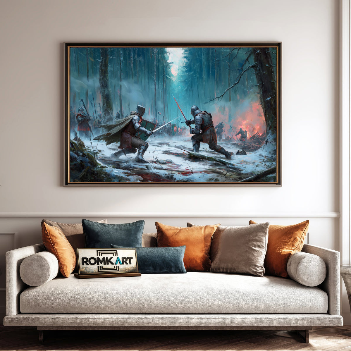 Medieval Battle in a Dark Forest Historical Oil Painting - image 4