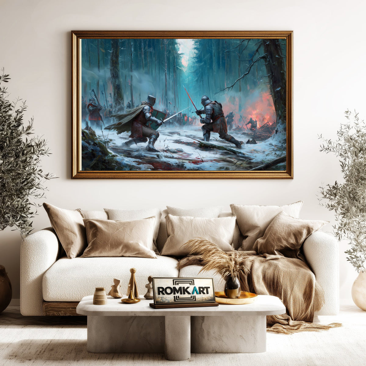Medieval Battle in a Dark Forest Historical Oil Painting - image 5
