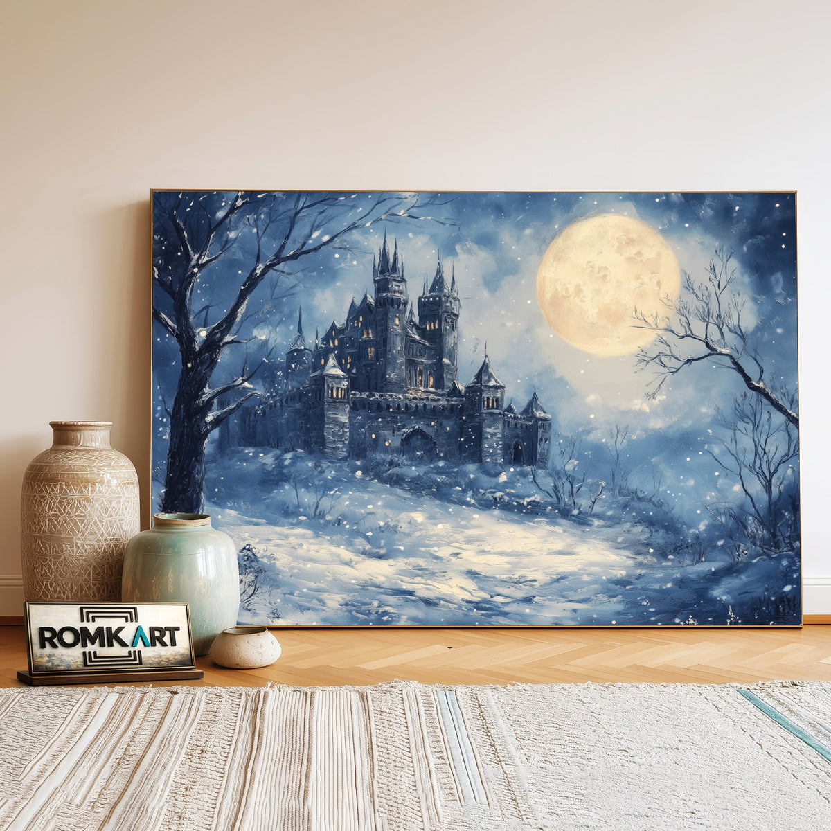 Medieval Castle Full Moon Historical Oil Painting - image 3