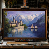 Medieval Lakeside Castle hand-painted oil painting on canvas