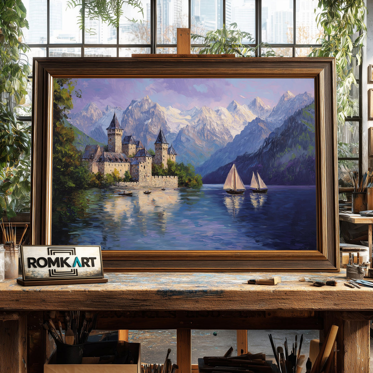 Medieval Lakeside Castle Historical Oil Painting - image 2
