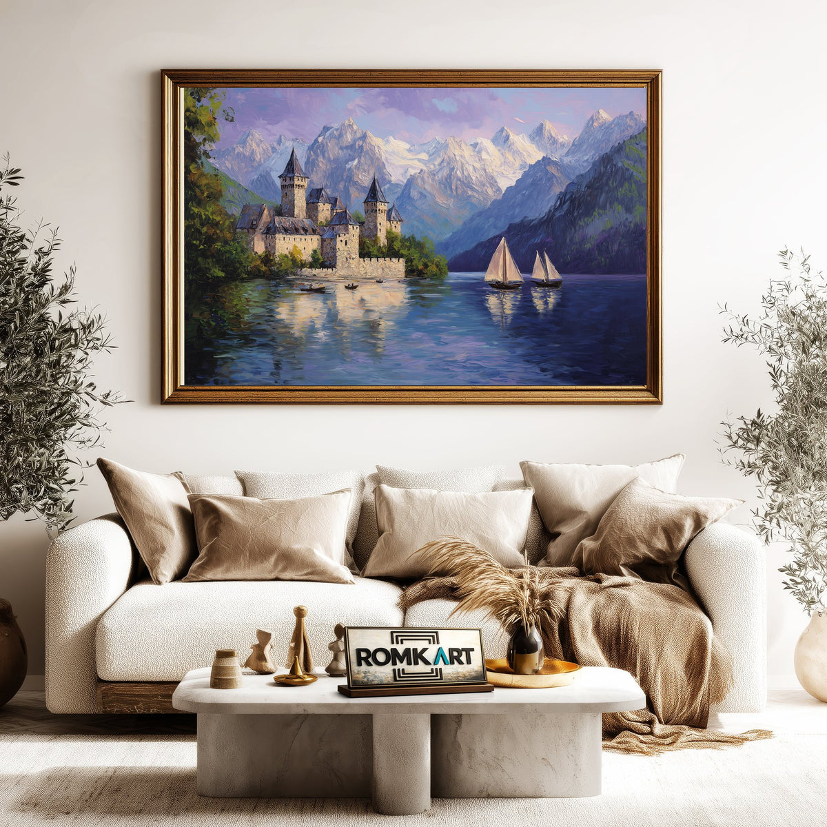 Medieval Lakeside Castle Historical Oil Painting - image 5