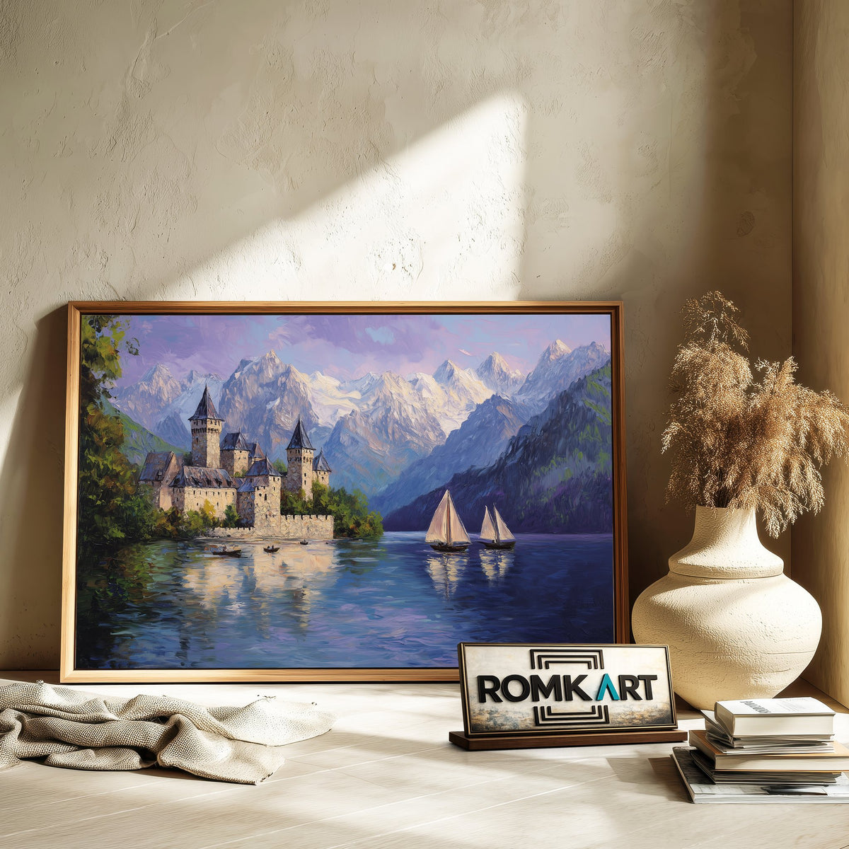 Medieval Lakeside Castle Historical Oil Painting - image 6