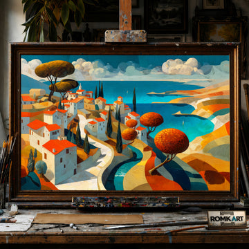 Mediterranean Coastal Village Seascape Oil Painting