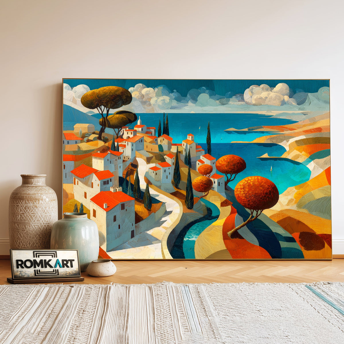 Mediterranean Coastal Village Seascape Oil Painting - image 3