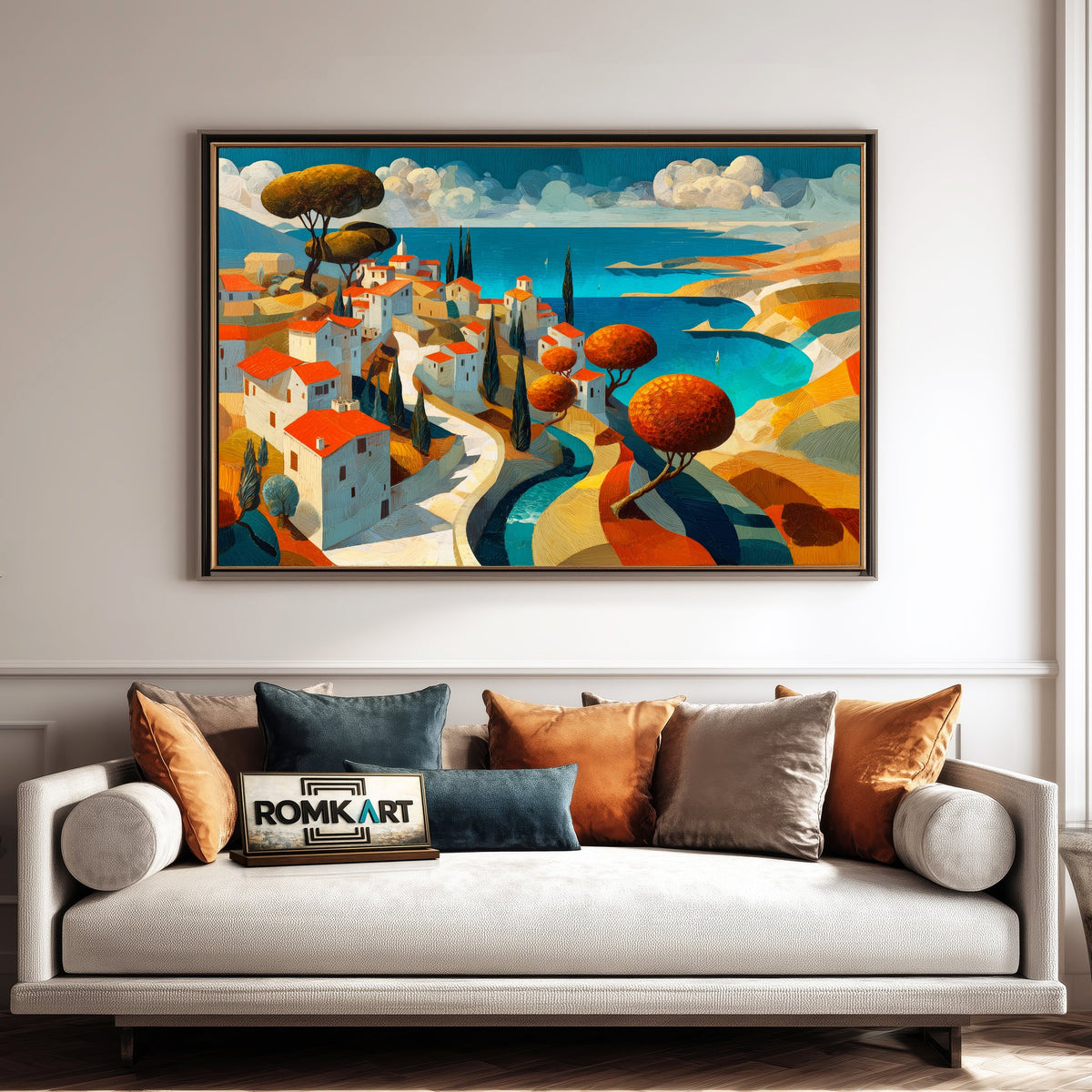 Mediterranean Coastal Village Seascape Oil Painting - image 4