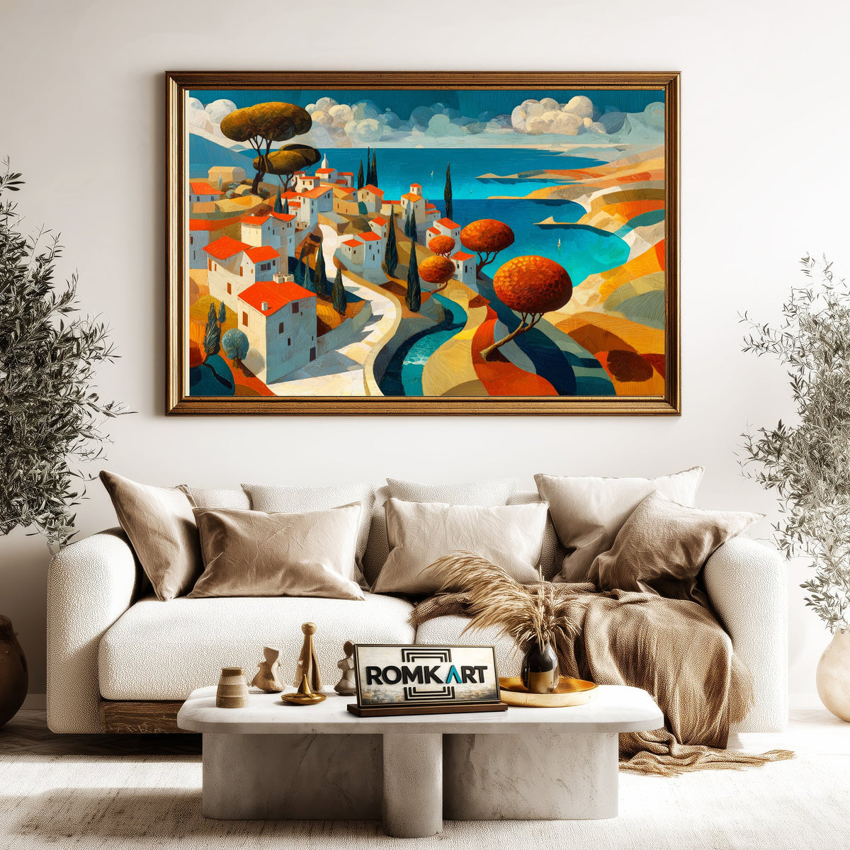 Mediterranean Coastal Village Seascape Oil Painting - image 5