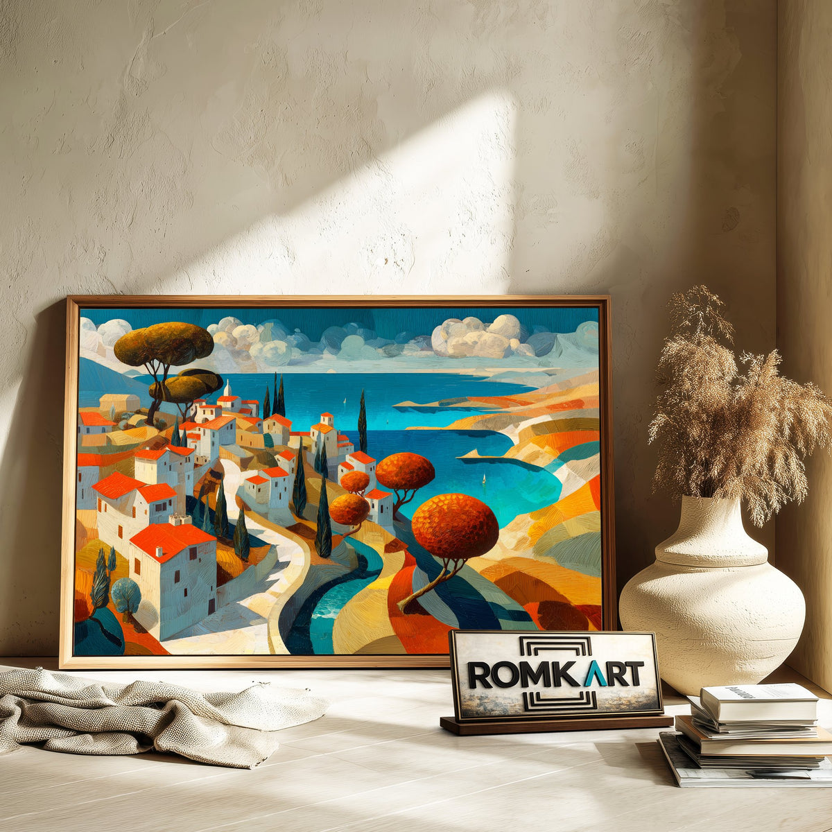 Mediterranean Coastal Village Seascape Oil Painting - image 6