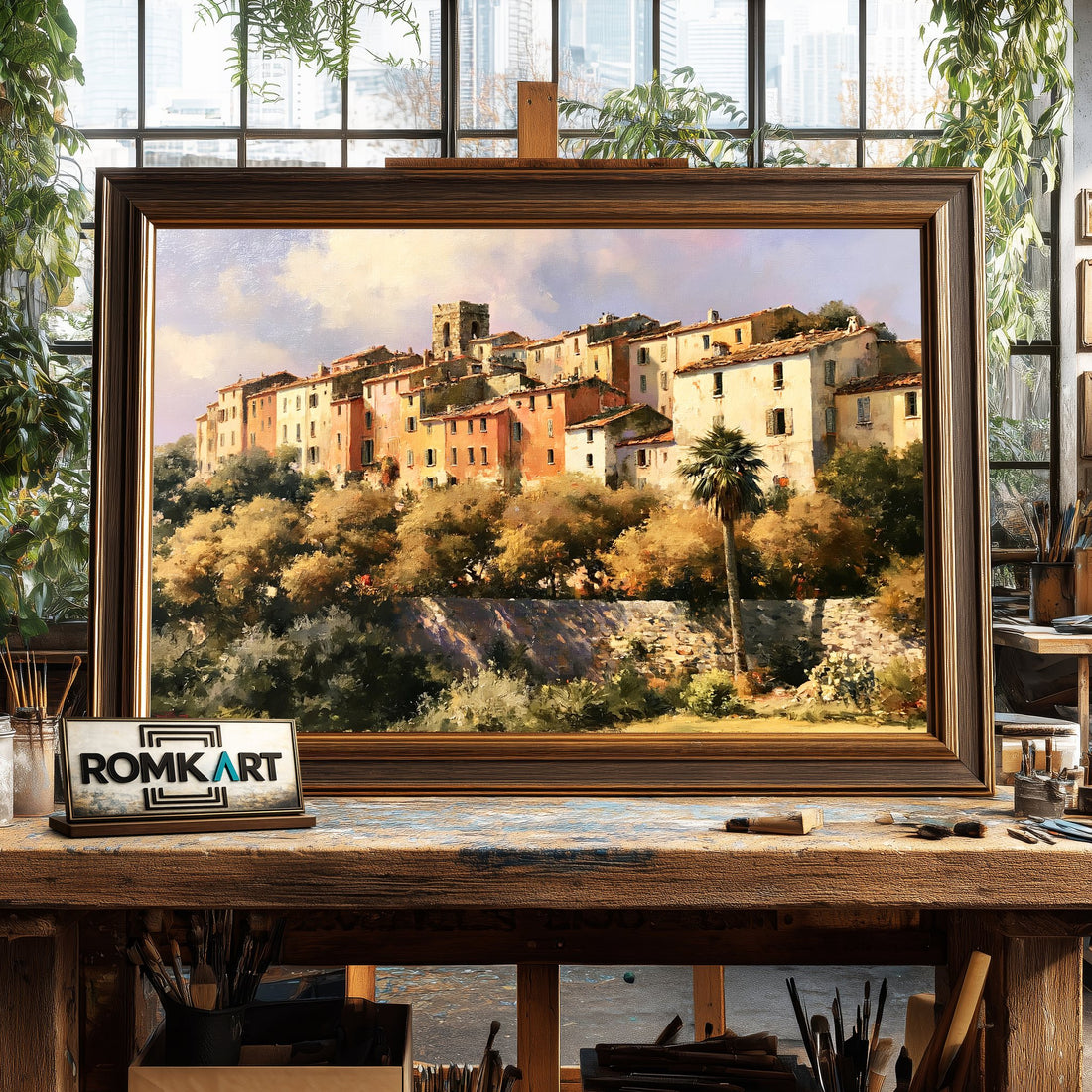 Mediterranean Hill Town hand-painted oil painting on canvas
