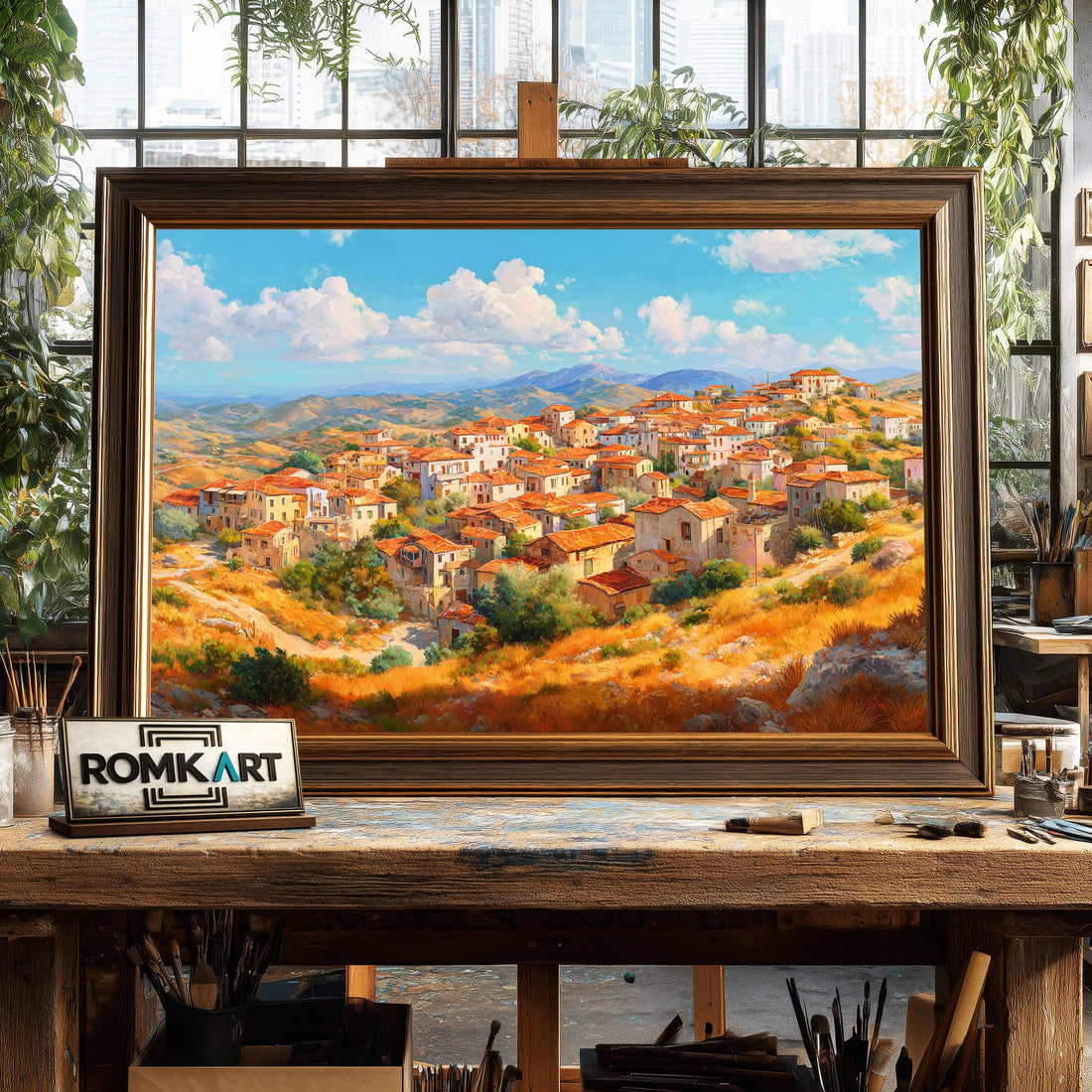Mediterranean Hillside Village in Cyprus hand-painted oil painting on canvas