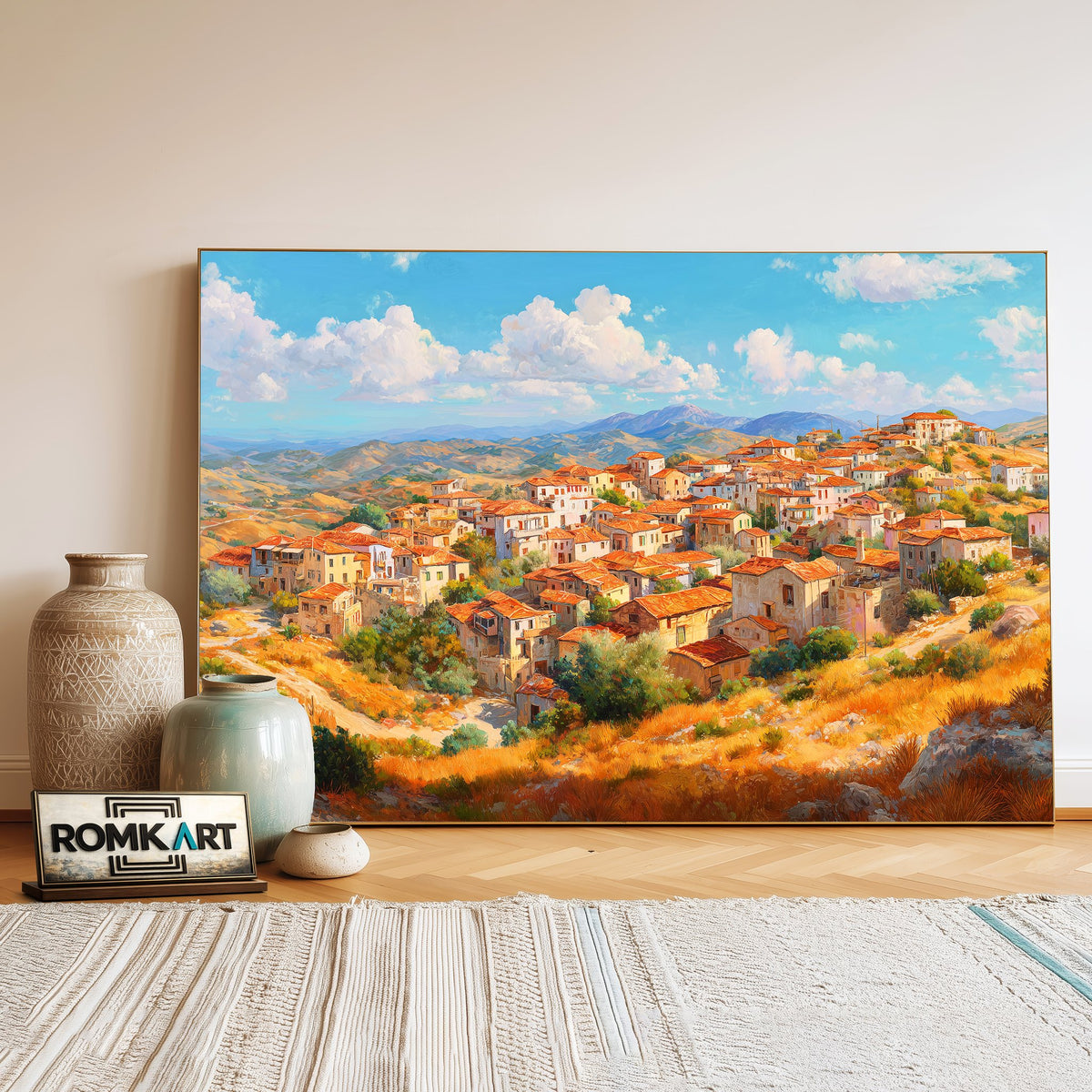 Mediterranean Hillside Village in Cyprus Countryside Oil Painting - image 3
