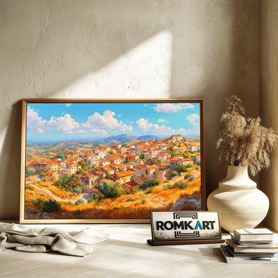 Mediterranean Hillside Village in Cyprus Countryside Oil Painting - image 6