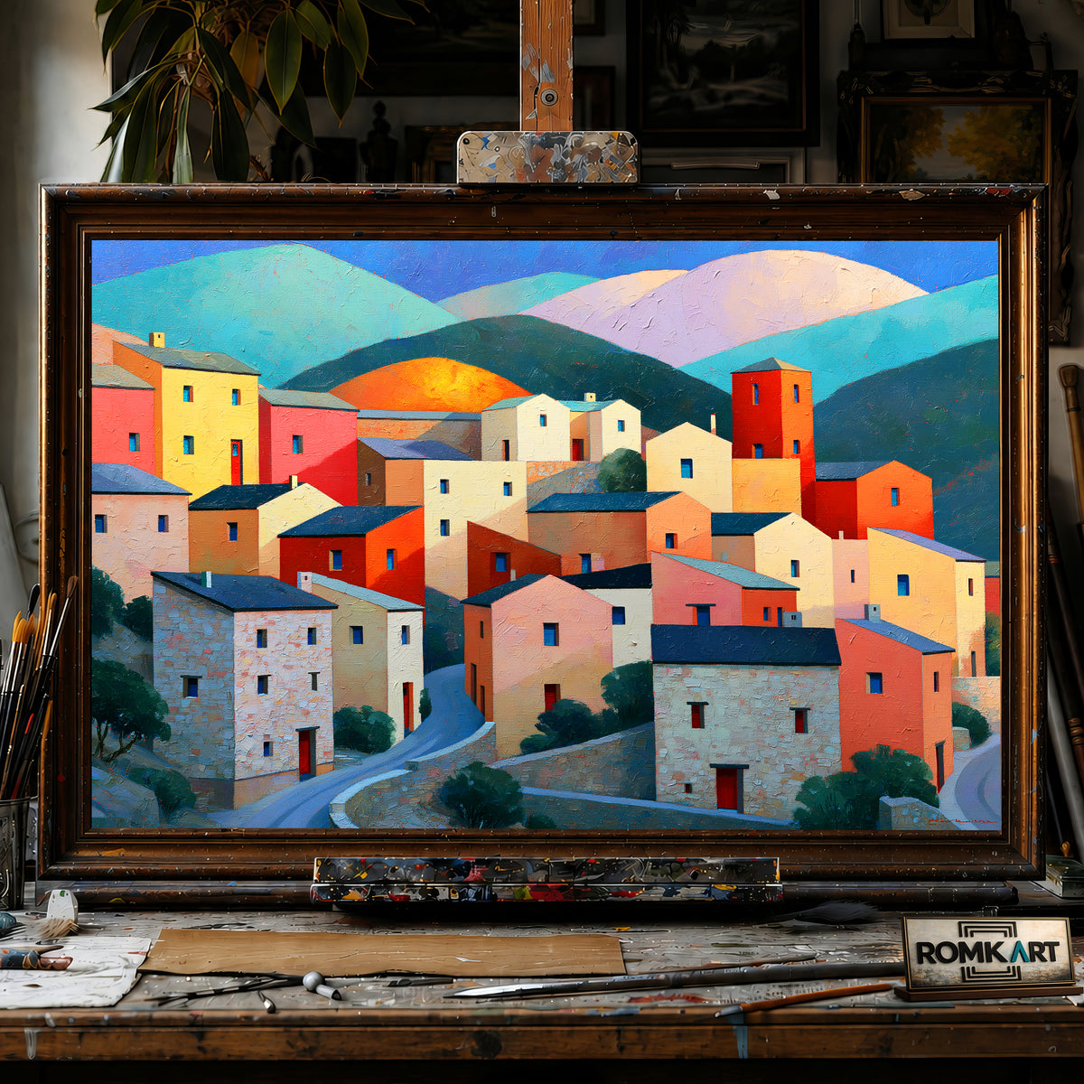 Mediterranean Hillside Village hand-painted oil painting on canvas
