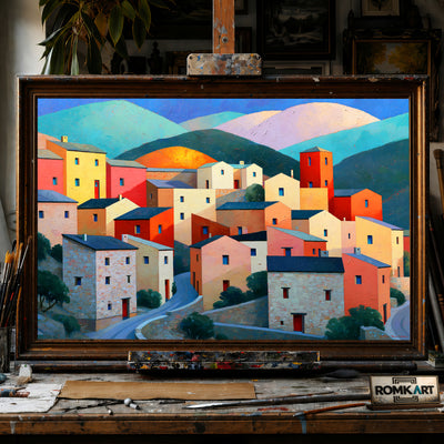 Mediterranean Hillside Village hand-painted oil painting on canvas