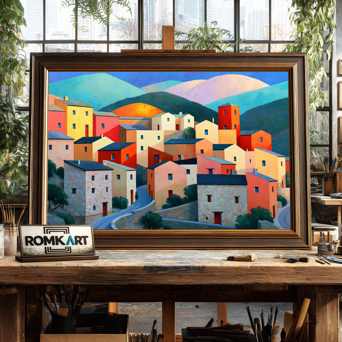 Mediterranean Hillside Village hand-painted oil painting on canvas