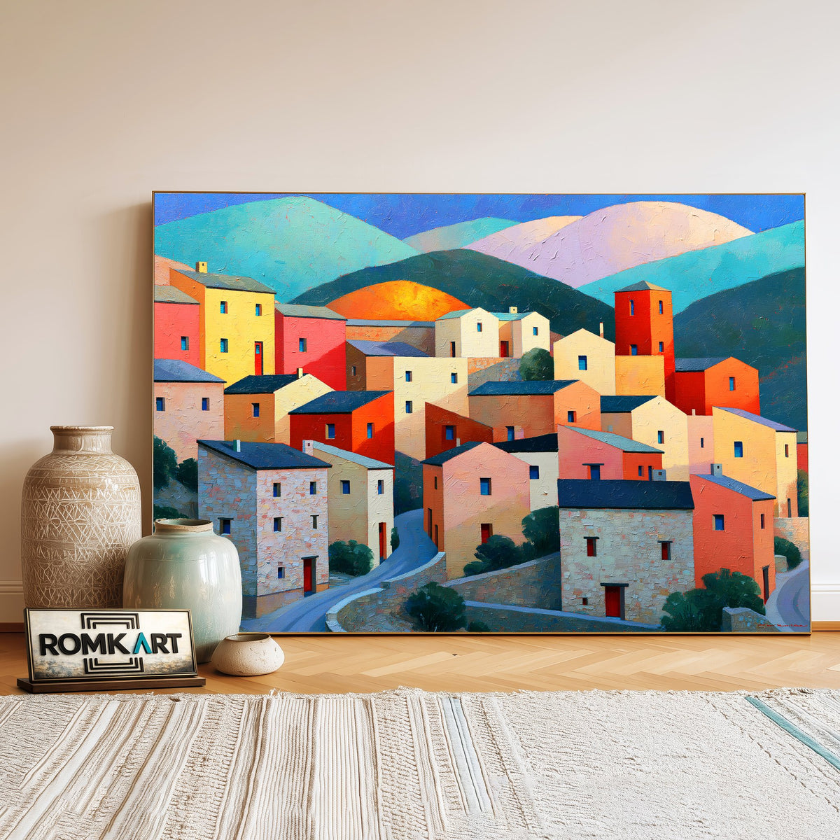 Mediterranean Hillside Village Countryside Oil Painting - image 3