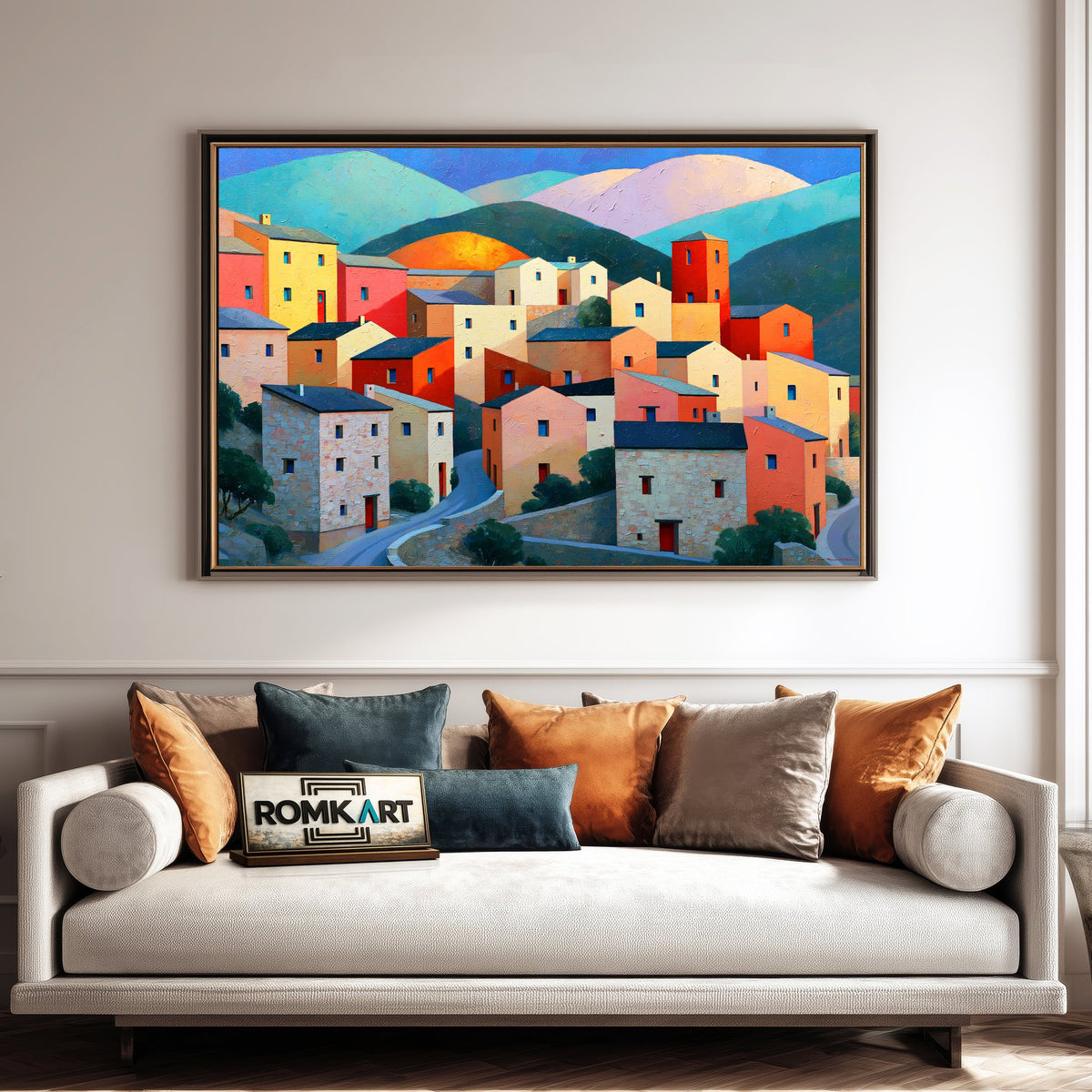 Mediterranean Hillside Village Countryside Oil Painting - image 4