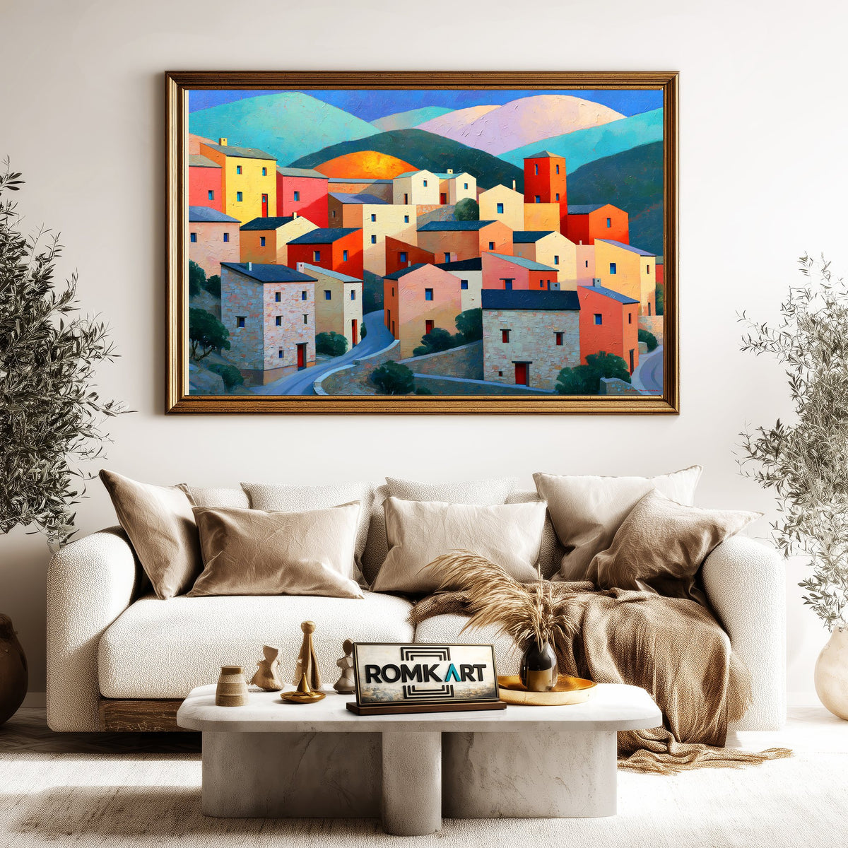 Mediterranean Hillside Village Countryside Oil Painting - image 5