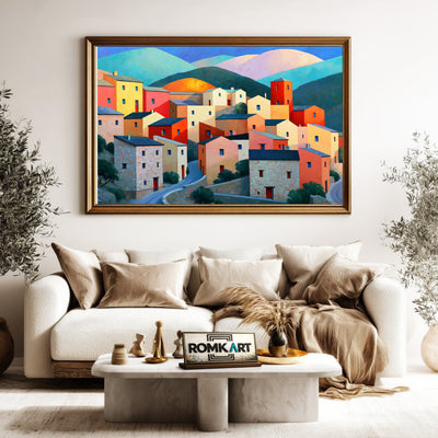Mediterranean Hillside Village Countryside Oil Painting - image 5