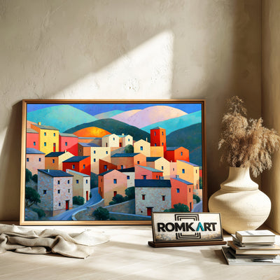 Mediterranean Hillside Village Countryside Oil Painting - image 6