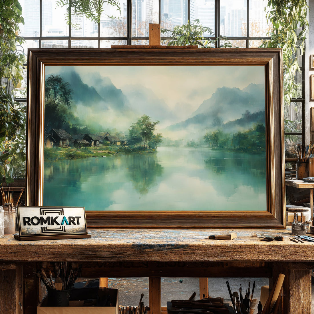 Misty Morning in Chinese Village hand-painted oil painting on canvas