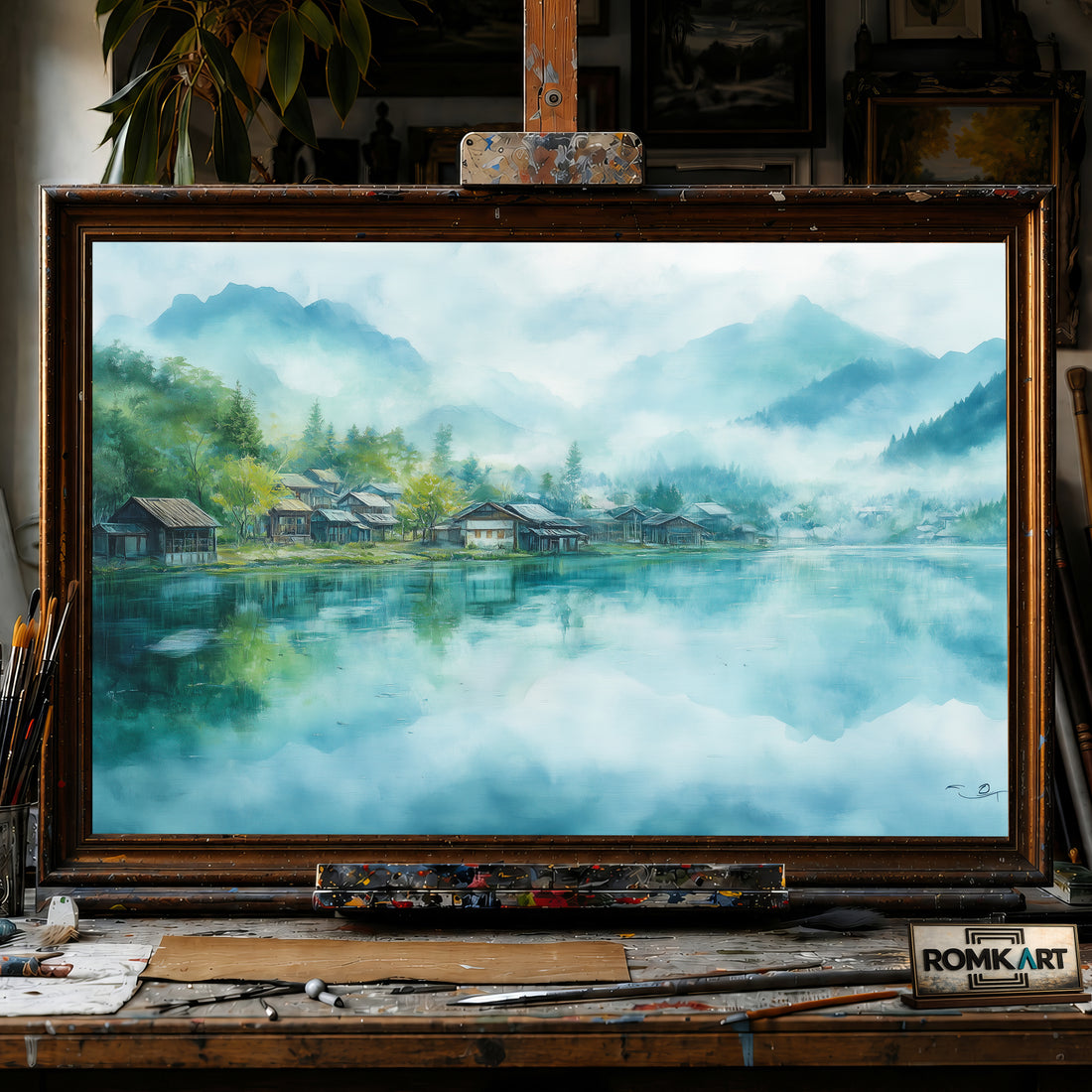 Misty Village Asian hand-painted oil painting on canvas