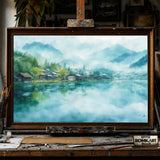 Misty Village Asian hand-painted oil painting on canvas
