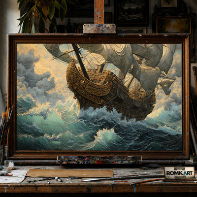 Monumental Pirate Ship hand-painted oil painting on canvas