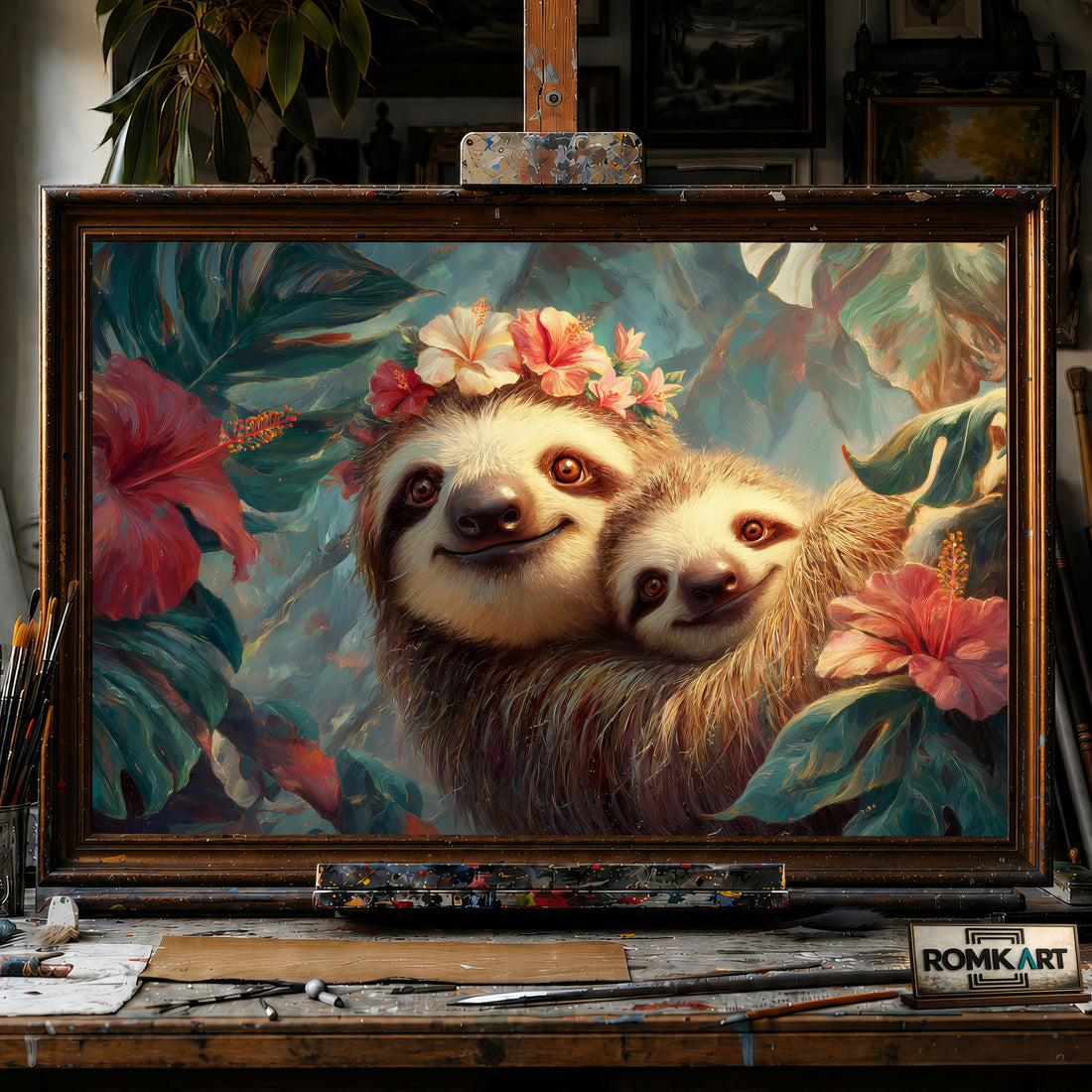 Mother and Baby Sloth hand-painted oil painting on canvas