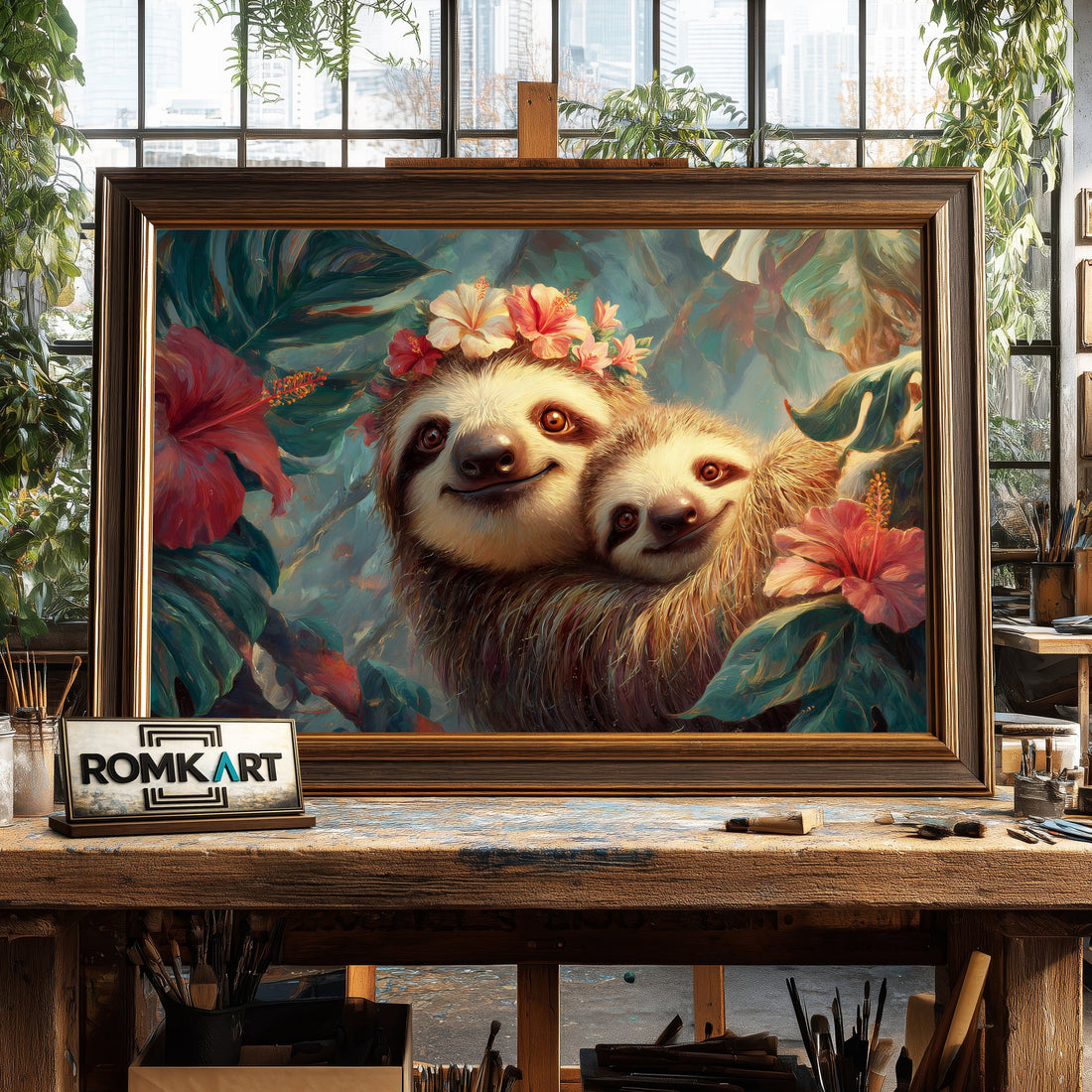 Mother and Baby Sloth hand-painted oil painting on canvas