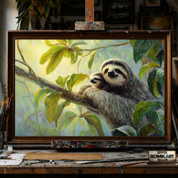 Mother Sloth and Baby hand-painted oil painting on canvas