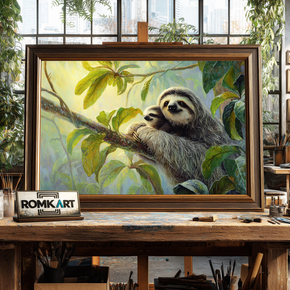 Mother Sloth and Baby hand-painted oil painting on canvas