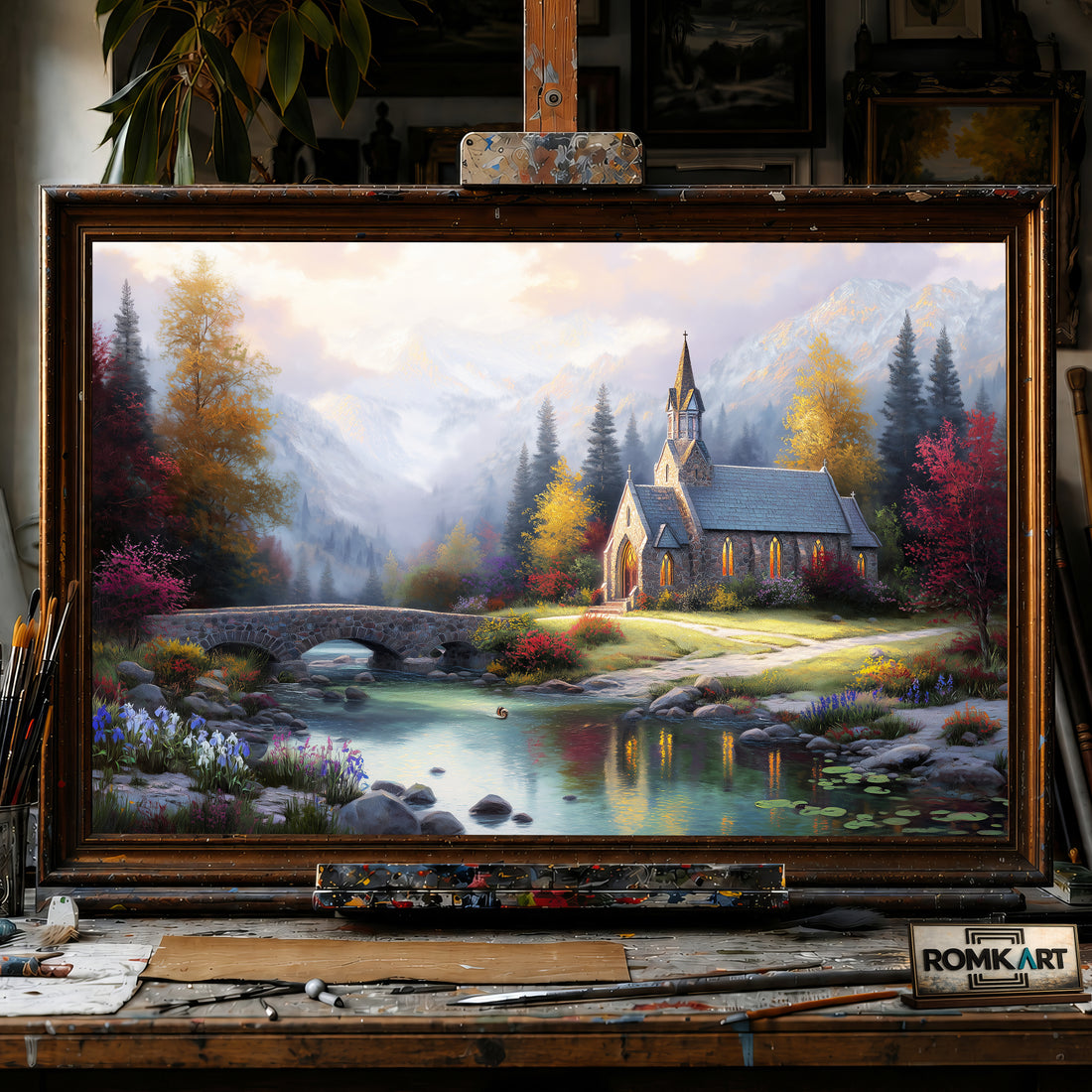 Mountain Chapel at Sunset hand-painted oil painting on canvas